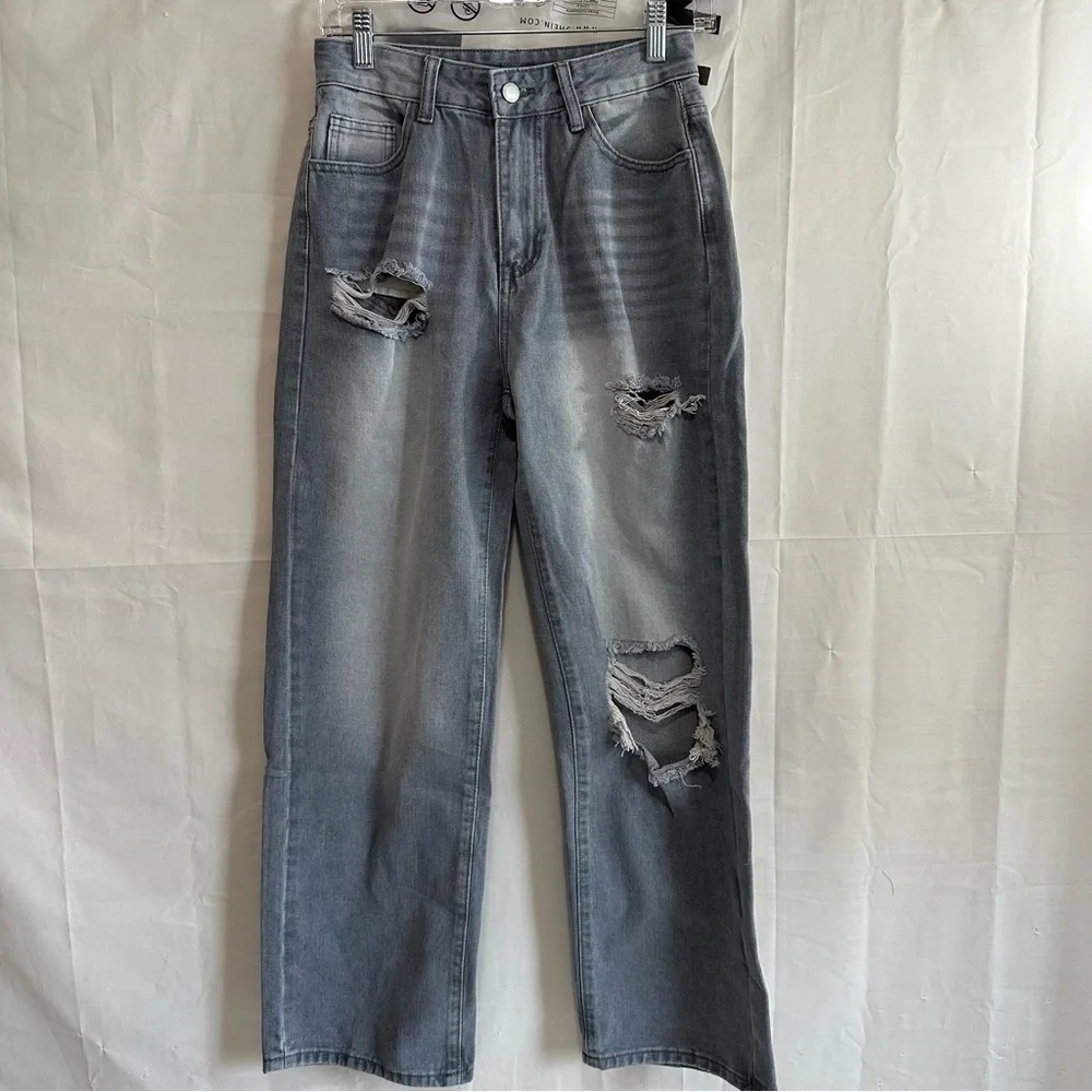 SHEIN PETITE Womens Front-Button Multi-Pocket Ripped Denim Jeans Gray Small/4 - Picture 2 of 12